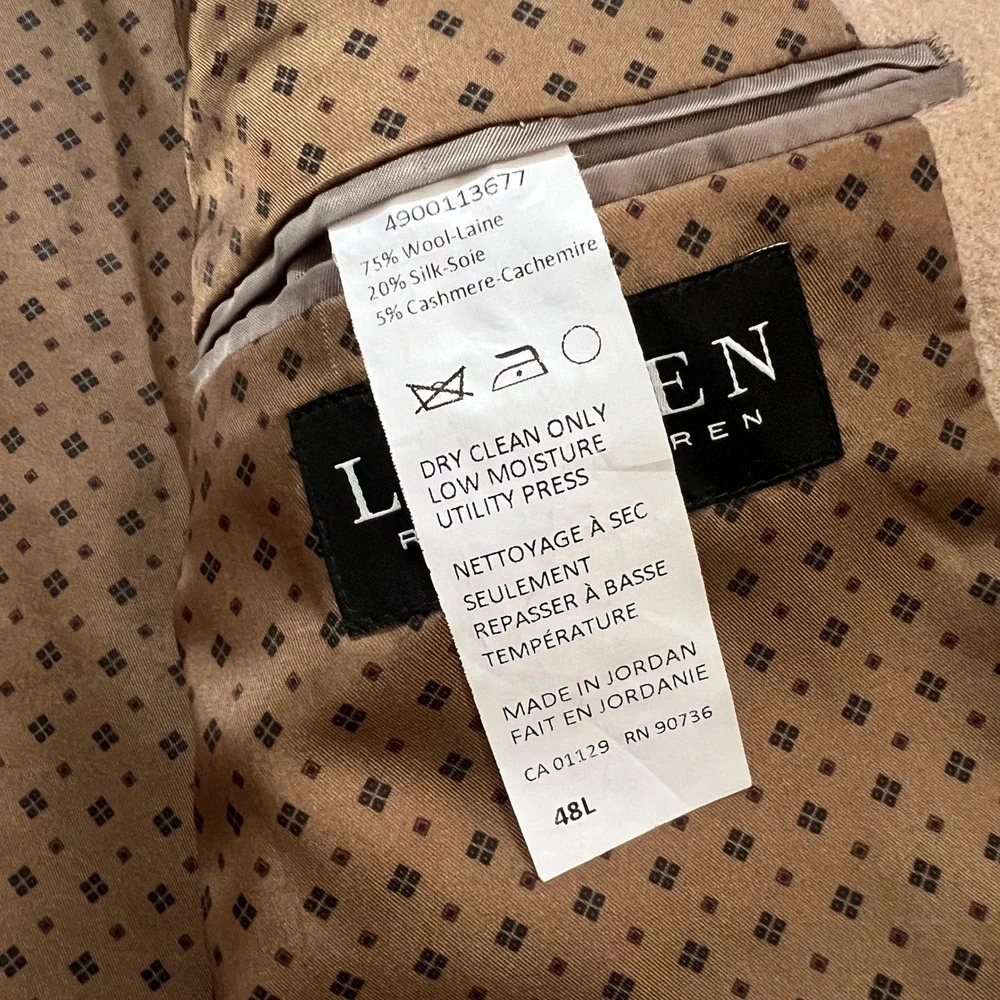 Lauren Ralph Lauren Mens 48L Wool Silk Cashmere Blazer Sport Coat Tan Camel